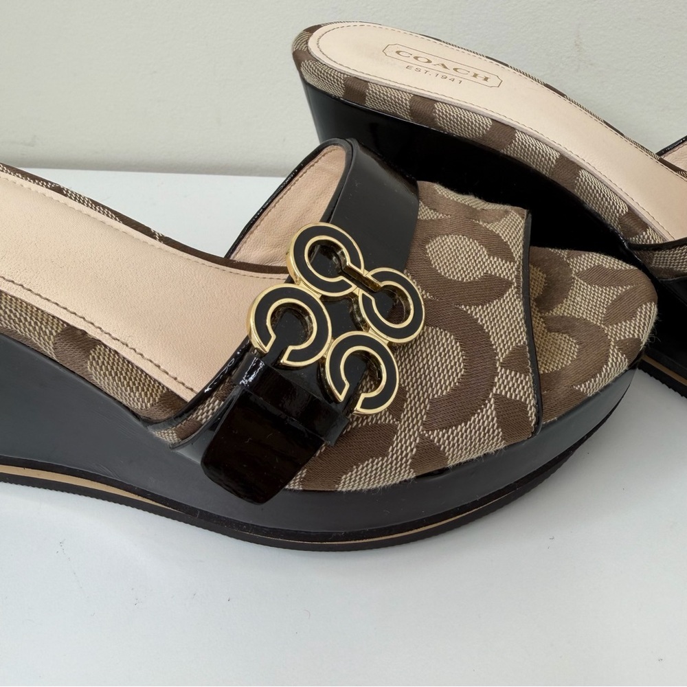 Coach Geri Wedge Sandals Signature Logo Canvas Platform Heels Size 7 - Picture 11 of 13
